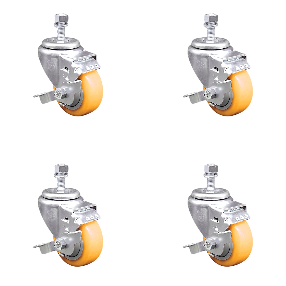 Polyurethane Swivel Stem Caster with 3.5 in. Yellow Caster Wheels, 0.5 in. Threaded Stems - 316 Stainless Steel Casters - Set of 4