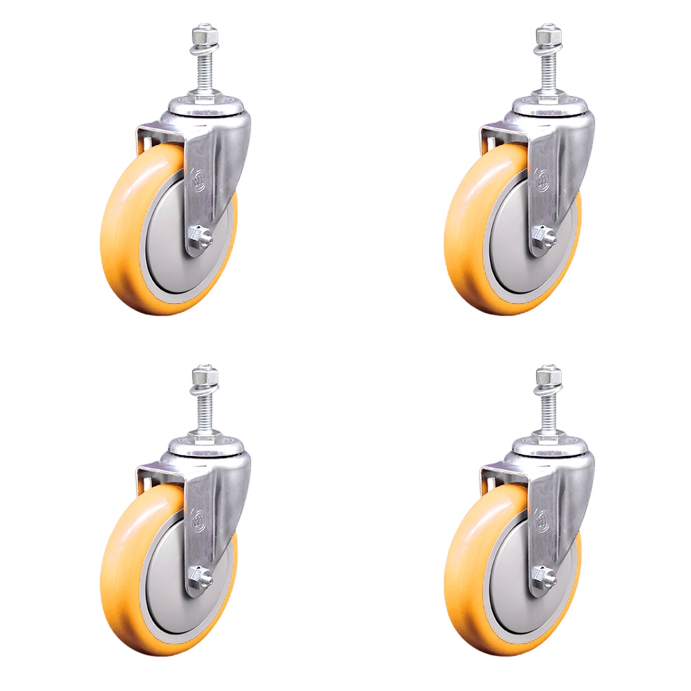 Polyurethane Swivel Stem Caster with 5 in. Yellow Caster Wheels, 0.38 in. Threaded Stems - 316 Stainless Steel Casters - Set of 4
