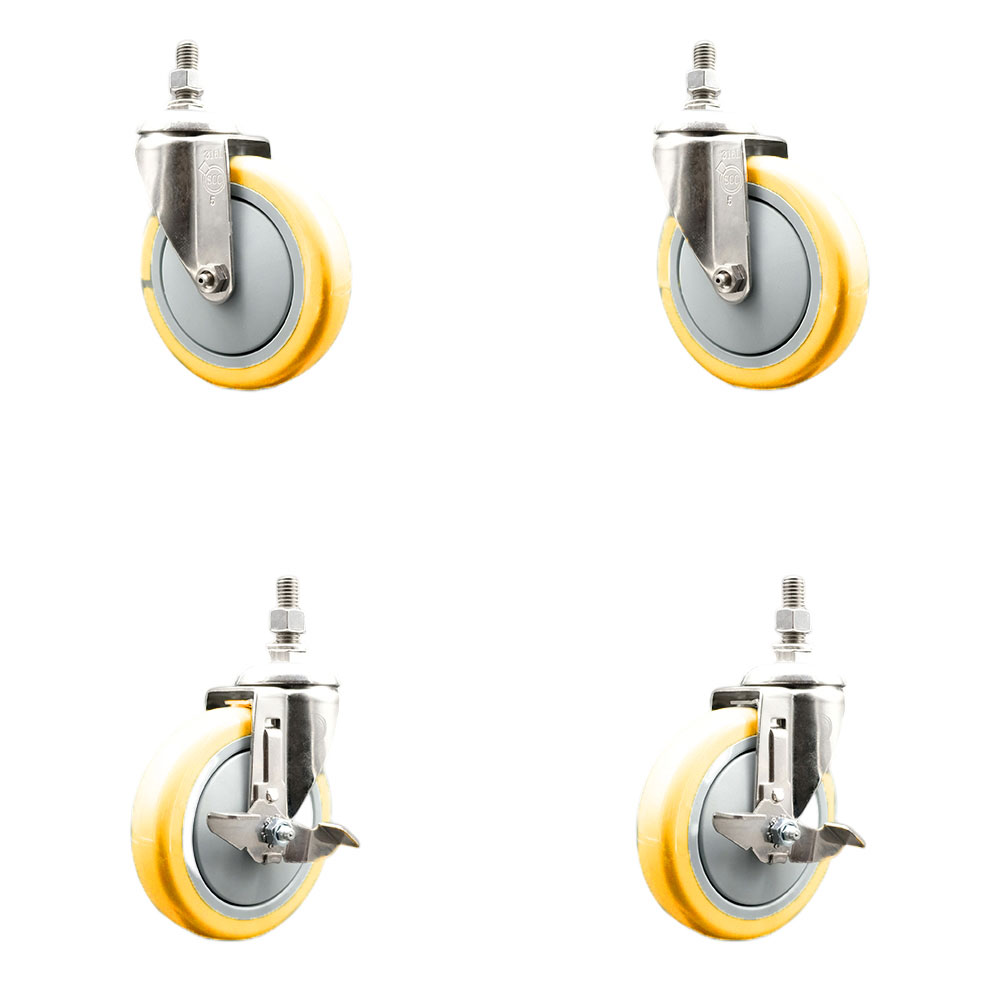 Poly Swivel Stem Caster with 5 in. Yellow Caster Wheels, 10 mm Threaded Stems - 316 Stainless Steel Casters - Set of 4