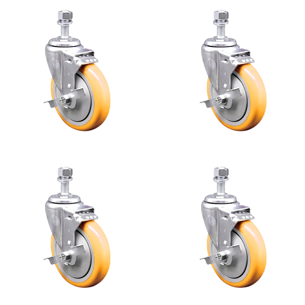 Polyurethane Swivel Stem Caster with 5 in. Yellow Caster Wheels, 0.5 in. Threaded Stems - 316 Stainless Steel Casters - Set of 4