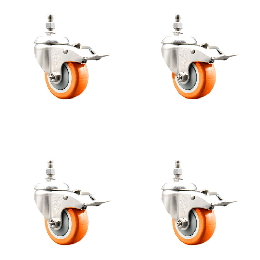 Polyurethane Swivel Stem Caster with 3.5 in. Orange Caster Wheels12 mm Threaded Stems - 316 Stainless Steel Casters - Set of 4