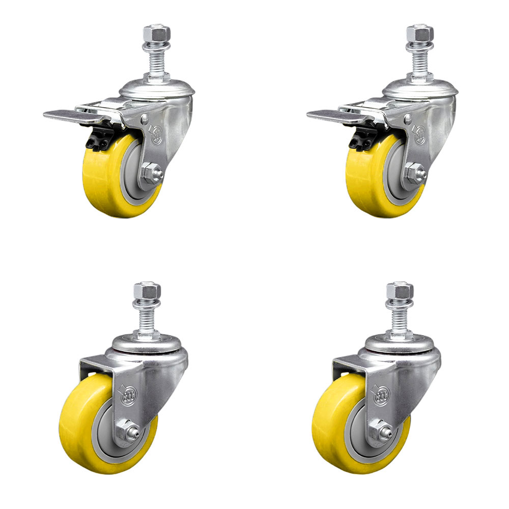 Poly Swivel Stem Caster with 3.5 in. Yellow Caster Wheels, 12 mm Threaded Stems - 316 Stainless Steel Casters - Set of 4