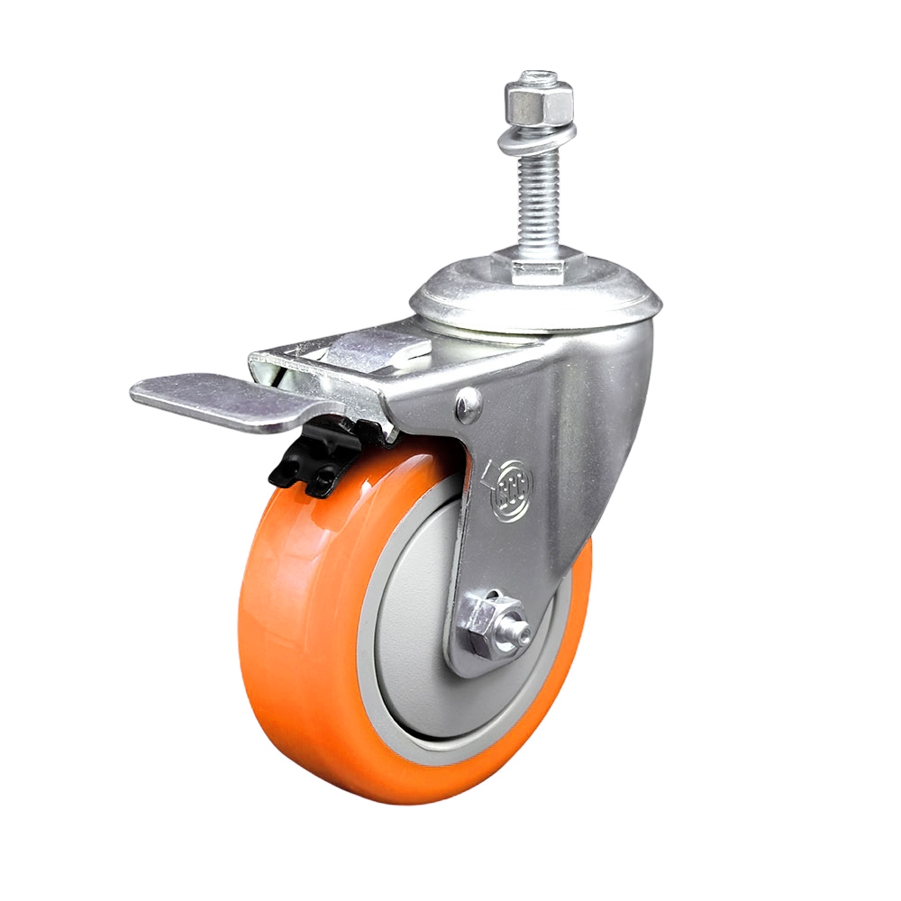 Polyurethane Swivel Stem Caster with 4 in. Orange Caster Wheels & Total Lock Brake, 10 mm Threaded Stem - 316 Stainless Steel Caster