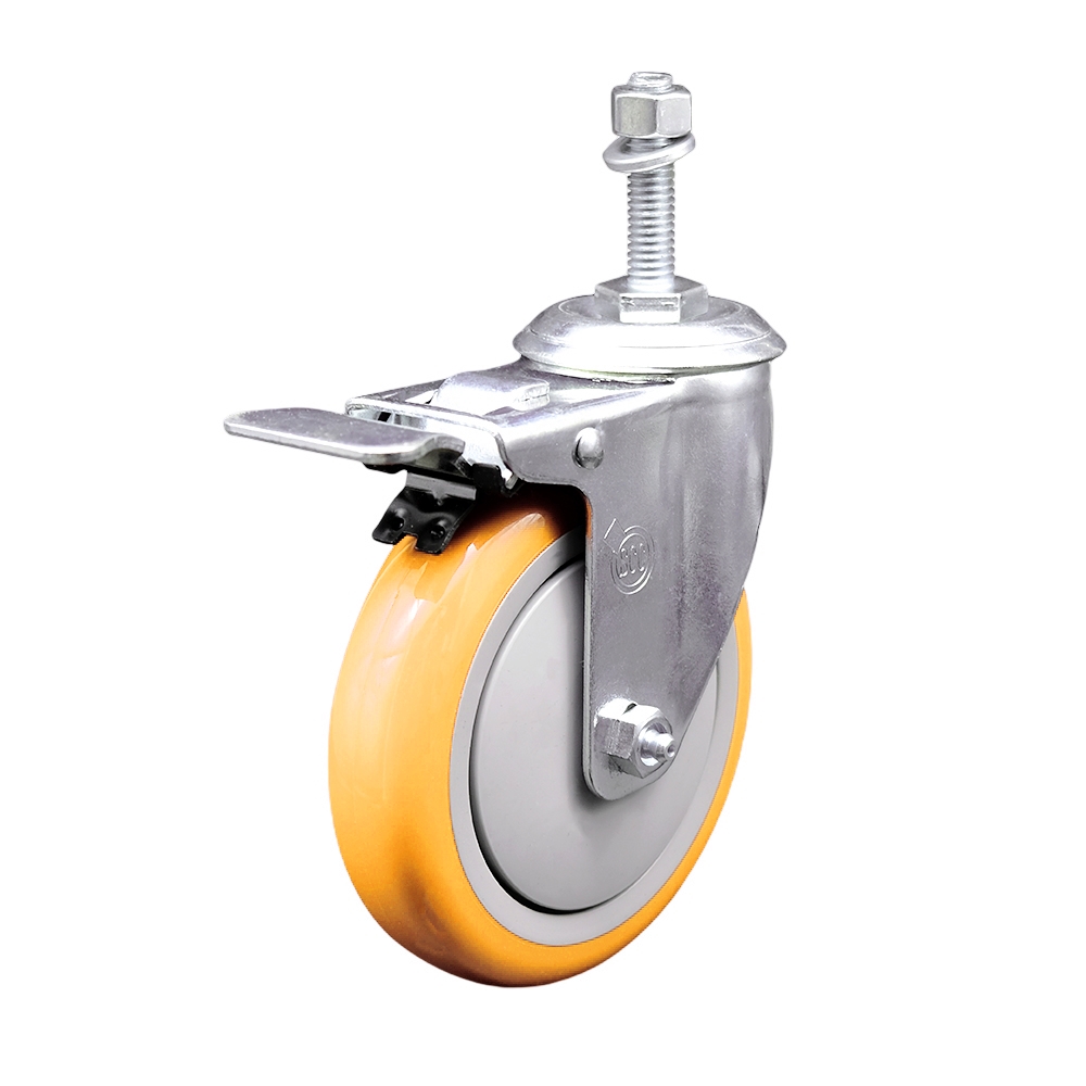 Polyurethane Swivel Stem Caster with 5 in. Yellow Caster Wheels & Total Lock Brake, 0.38 in. Threaded Stem - 316 Stainless Steel Caster
