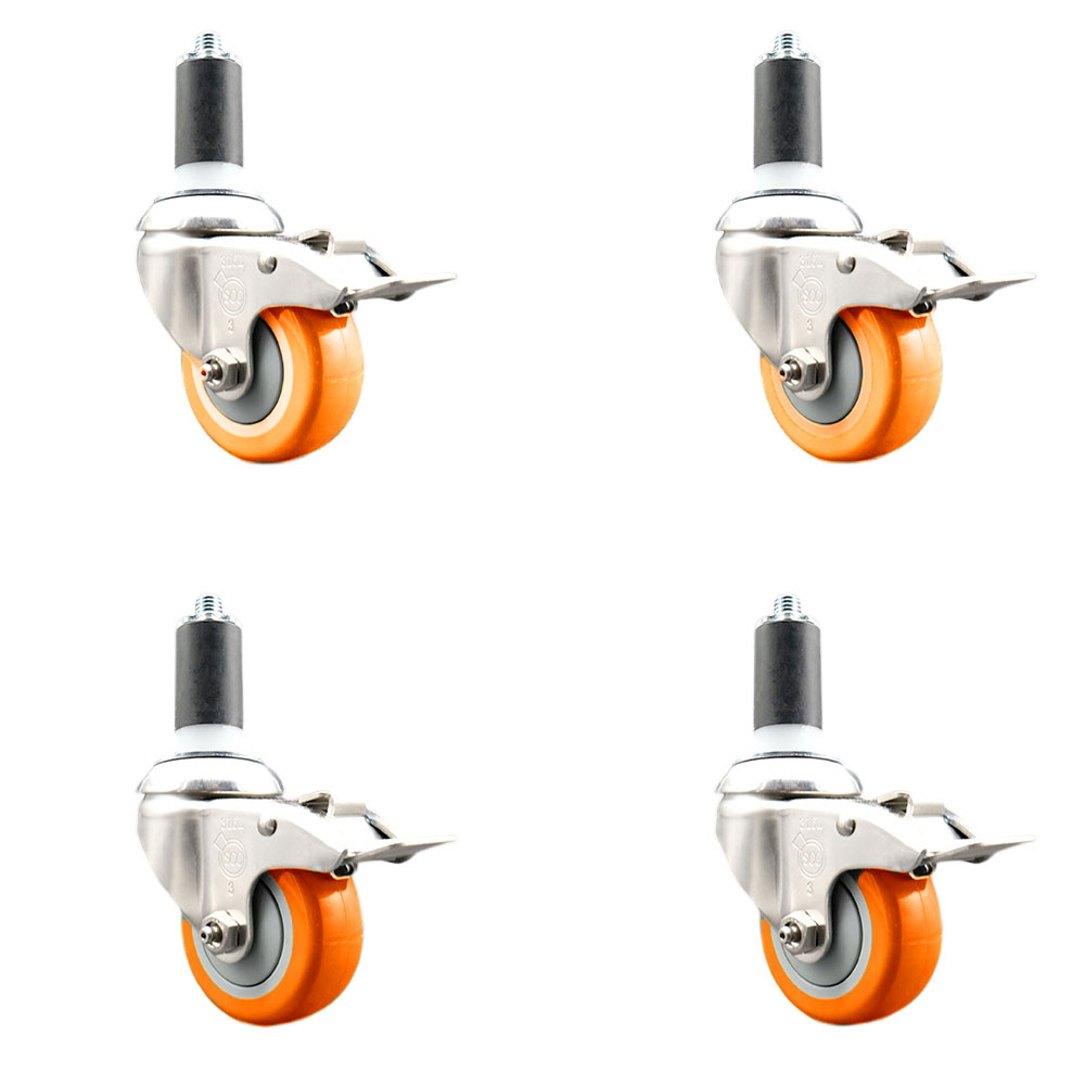 Polyurethane Swivel Stem Caster with 3 in. Orange Caster Wheels, 1.25 in. Expanding Stems - 316 Stainless Steel Casters - Set of 4