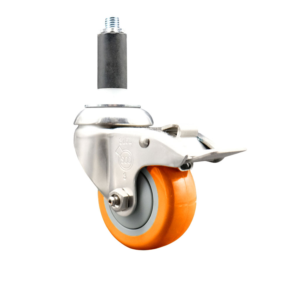 Polyurethane Swivel Stem Caster with 3 in. Orange Caster Wheels & Total Lock Brake, 1.13 in. Expanding Stem - 316 Stainless Steel Caster
