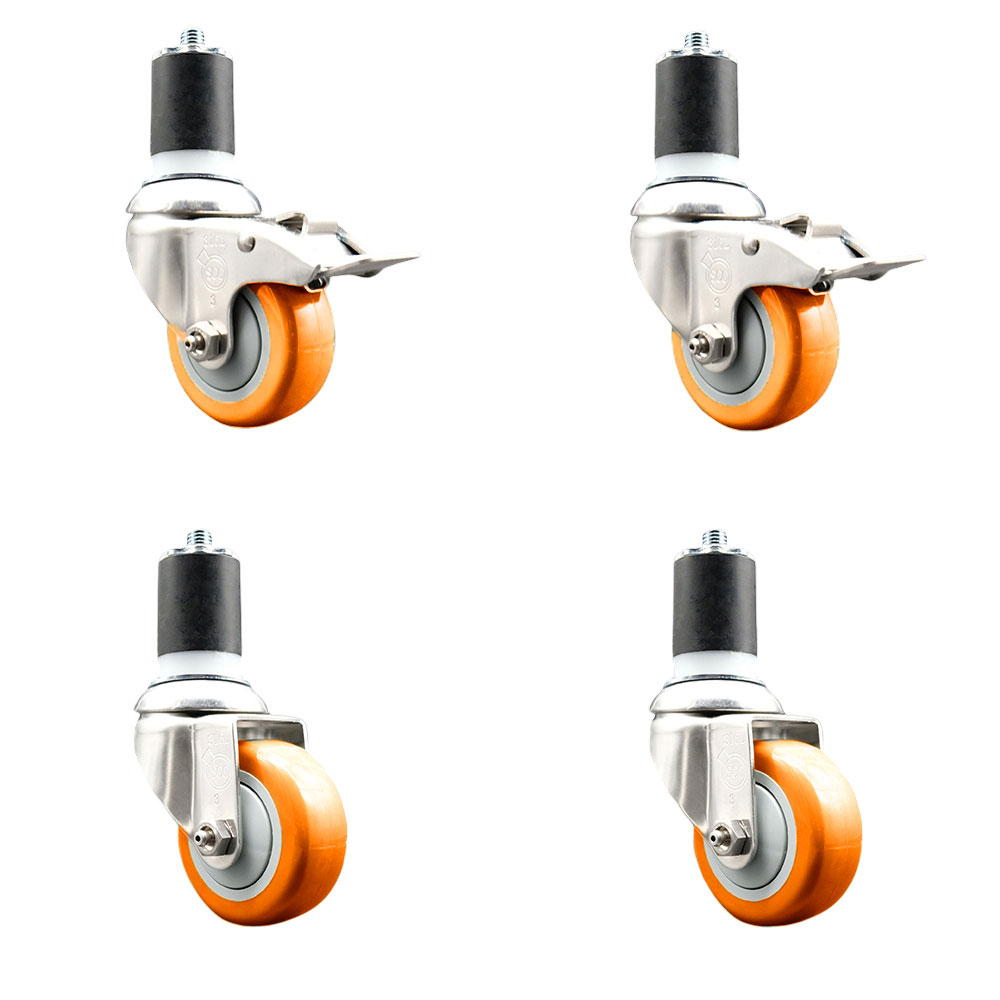 Polyurethane Swivel Stem Caster with 3 in. Orange Caster Wheels, 1.87 in. Expanding Stem - 316 Stainless Steel Casters - Set of 4