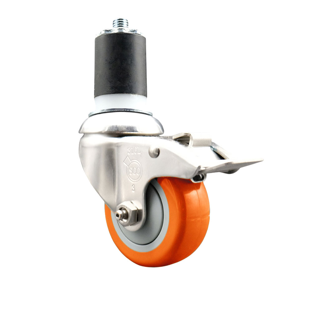 Polyurethane Swivel Stem Caster with 3.5 in. Orange Caster Wheels & Total Lock Brake, 1.75 in. Expanding Stem - 316 Stainless Steel Caster