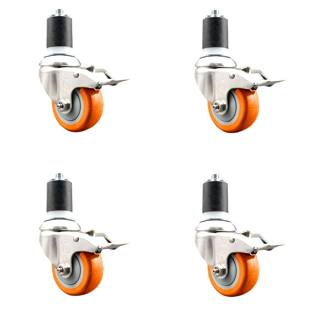 Polyurethane Swivel Stem Caster with 3.5 in. Orange Caster Wheels, 1.87 in. Expanding Stems - 316 Stainless Steel Casters - Set of 4