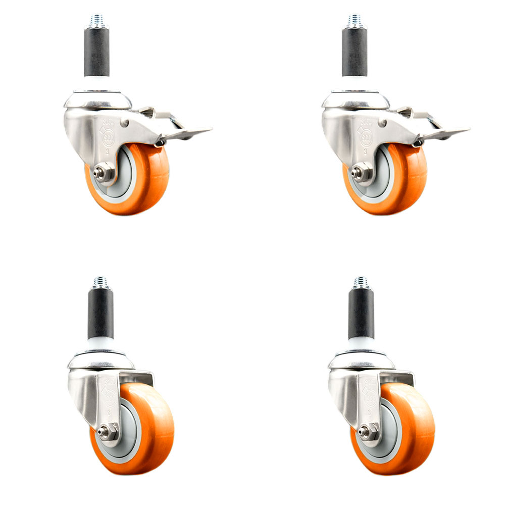 Polyurethane Swivel Stem Caster with 3.5 in. Orange Caster Wheels, 1 in. Expanding Stem - 316 Stainless Steel Casters - Set of 4