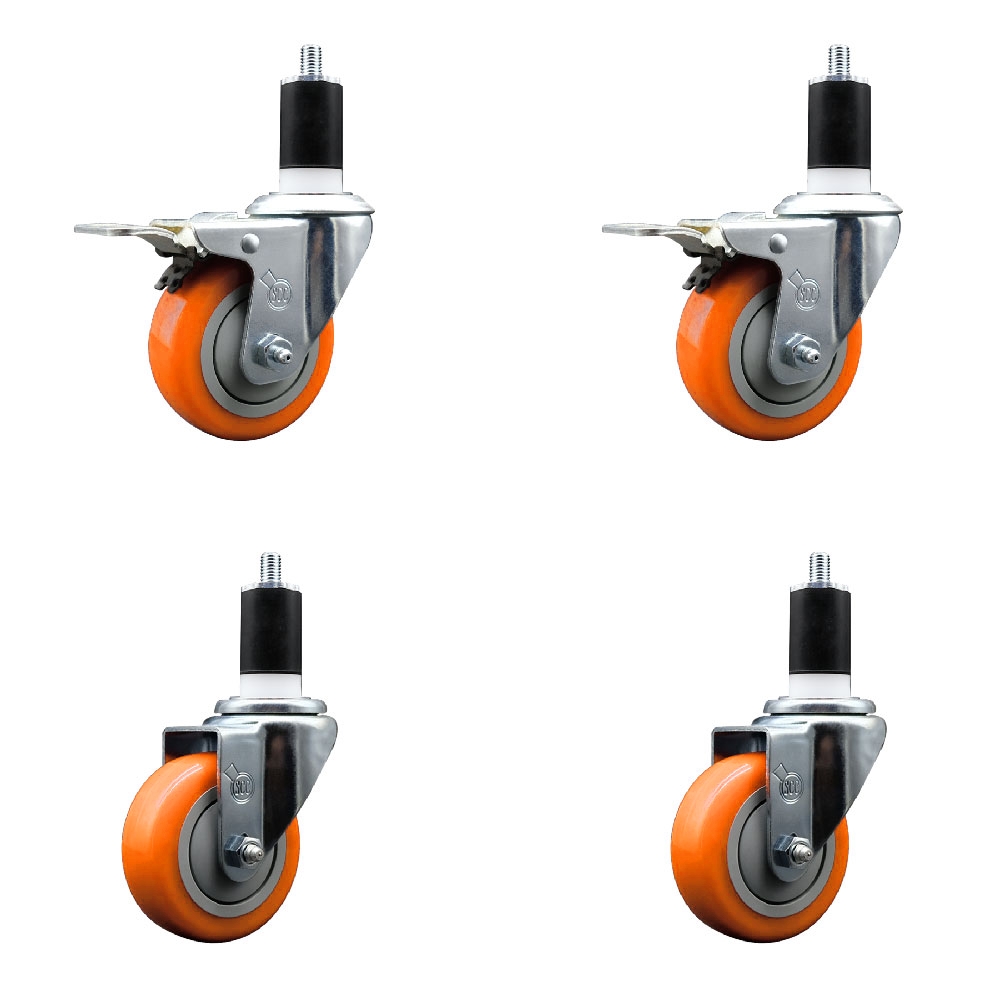 Polyurethane Swivel Stem Caster with 3.5 in. Orange Caster Wheels, 1.5 in. Expanding Stem - 316 Stainless Steel Casters - Set of 4