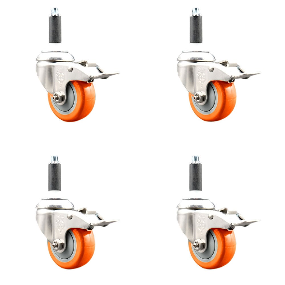 Polyurethane Swivel Stem Caster with 3.5 in. Orange Caster Wheels, 0.75 in. Expanding Stems - 316 Stainless Steel Casters - Set of 4