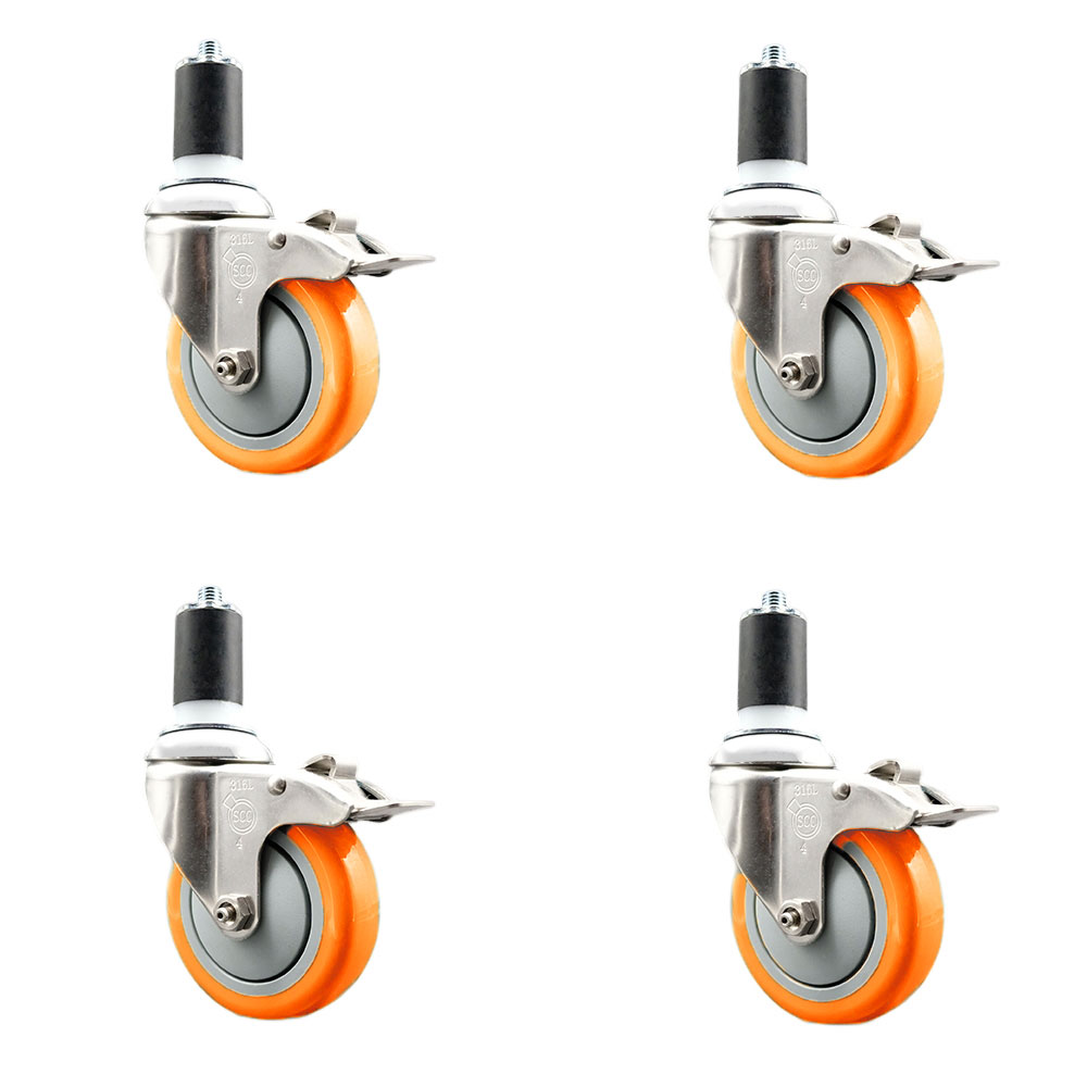 Polyurethane Swivel Stem Caster with 4 in. Orange Caster Wheels, 1.5 in. Expanding Stems - 316 Stainless Steel Casters - Set of 4