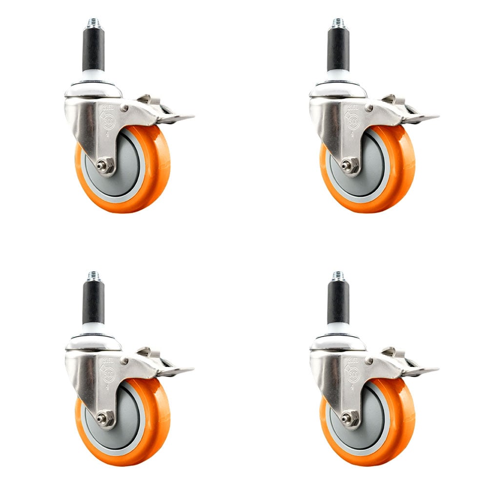 Polyurethane Swivel Stem Caster with 4 in. Orange Caster Wheels, 1 in. Expanding Stems - 316 Stainless Steel Casters - Set of 4