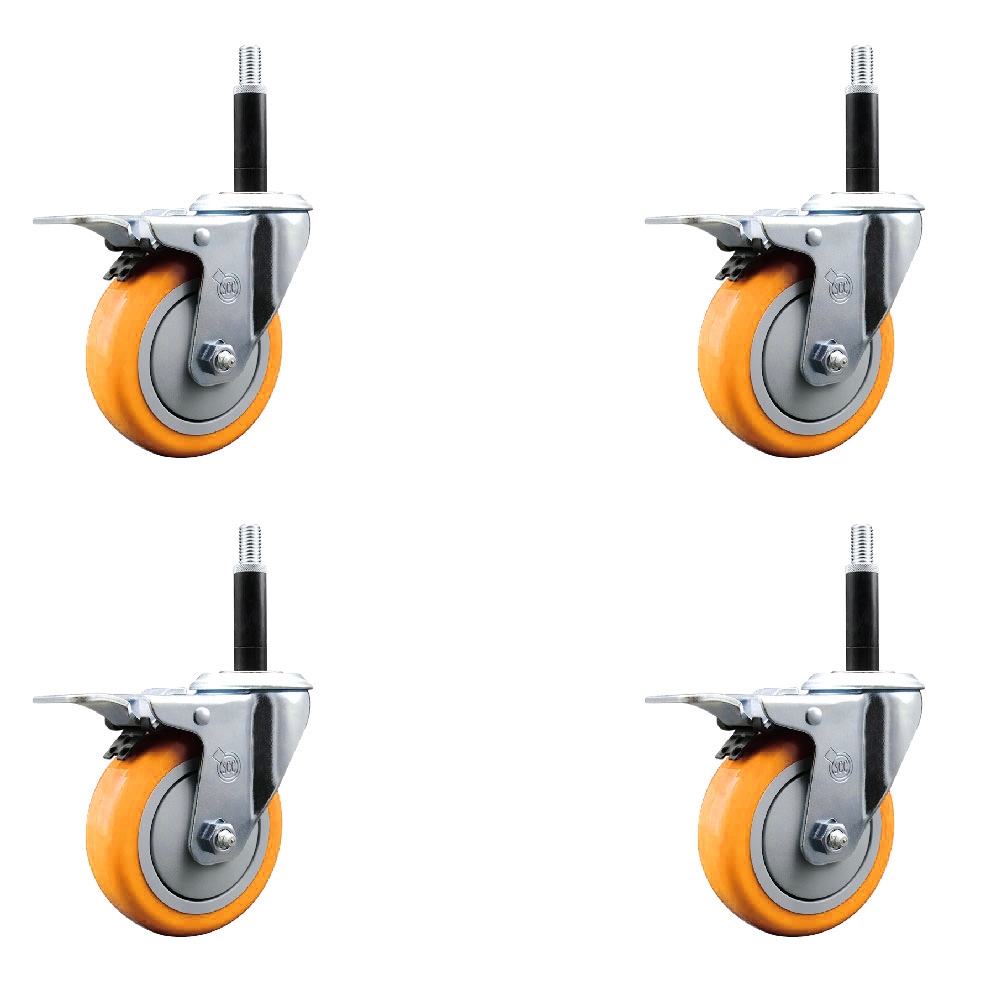 Polyurethane Swivel Stem Caster with 4 in. Yellow Caster Wheels, 0.75 in. Expanding Stems - 316 Stainless Steel Casters - Set of 4