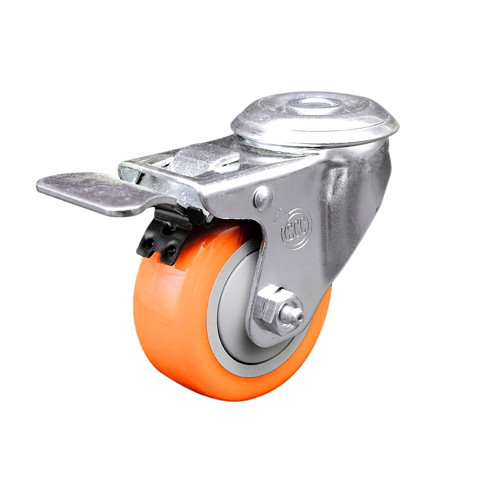 SCC-SSBHTTL20S3514-PPUB-ORG Stainless Steel Polyurethane Swivel Bolt Hole Caster with 3.5 x 1.25 in. Orange Wheel & Total Locking Brake