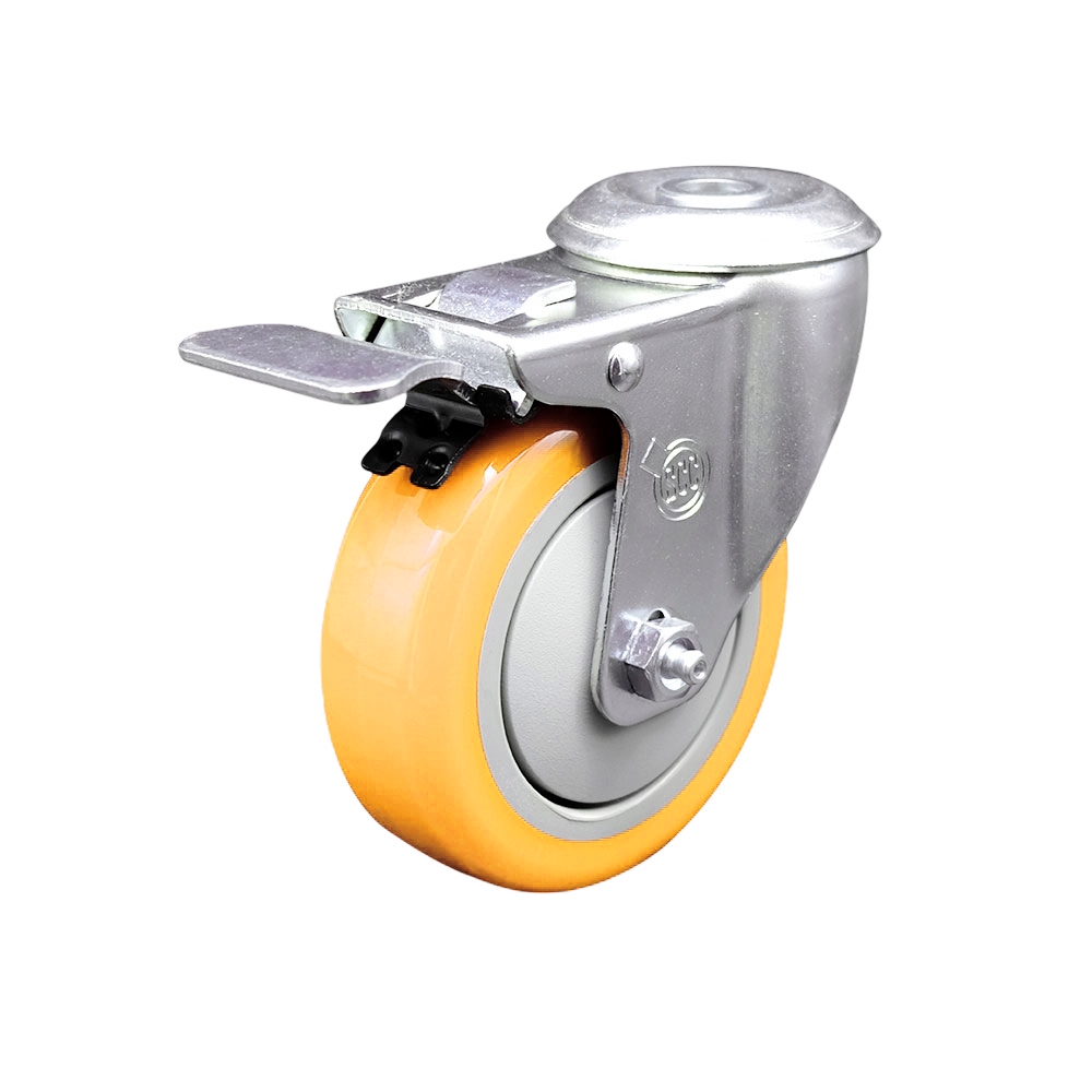 SCC-SSBHTTL20S414-PPUB-YEL Stainless Steel Polyurethane Swivel Bolt Hole Caster with 4 x 1.25 in. Yellow Wheel & Total Locking Brake