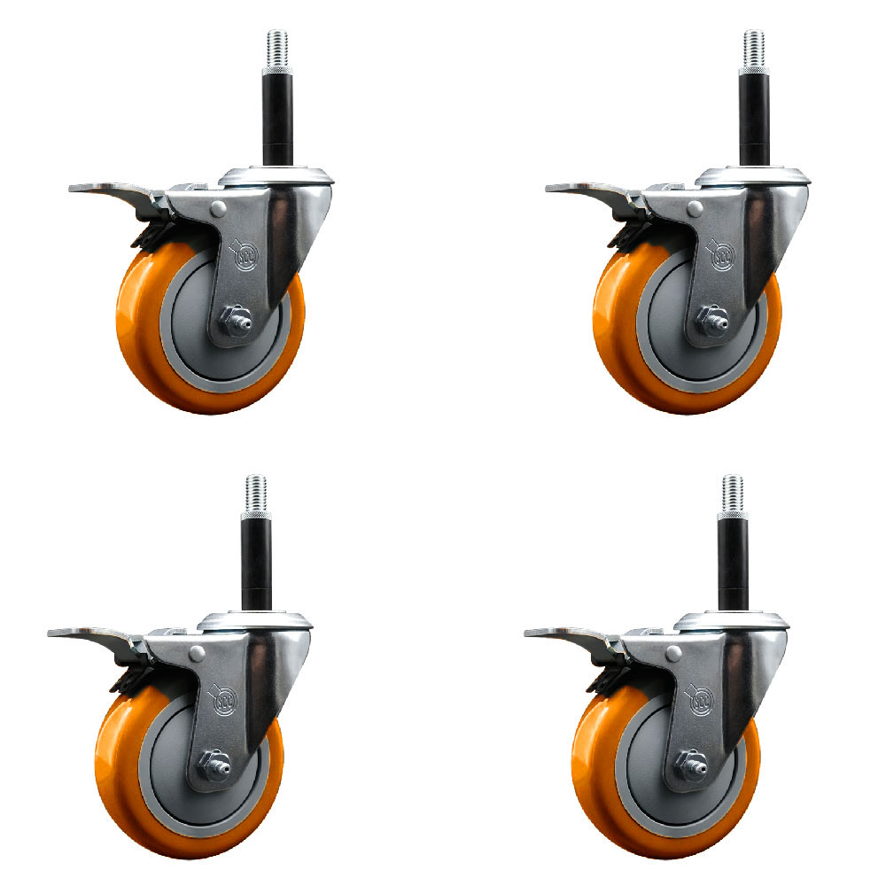 SCC-SSEXTTL20S414-PPUB-ORG-34-4 Stainless Steel Polyurethane Swivel Expanding Stem Caster with 4 in. Orange Wheels & 0.75 in. Stems - Set of 4