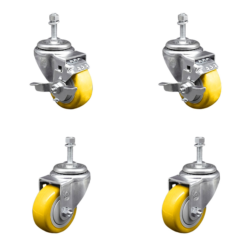Stainless Steel Polyurethane Swivel Threaded Stem Caster with 3.5 x 1.25 in. Yellow Wheels & 10 mm Stems - Set of 4