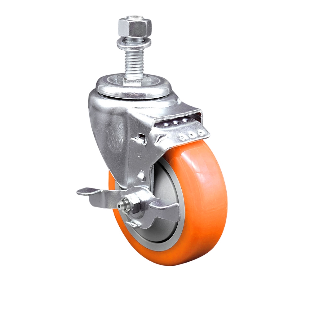 Stainless Steel Polyurethane Swivel Threaded Stem Caster with 4 x 1.25 in. Orange Wheel & 12 mm Stem & Top Locking Brake