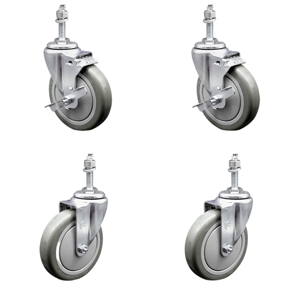 Stainless Steel Polyurethane Swivel Threaded Stem Caster with 5 x 1.25 in. Orange Wheels & 0.38 in. Stems - Set of 4