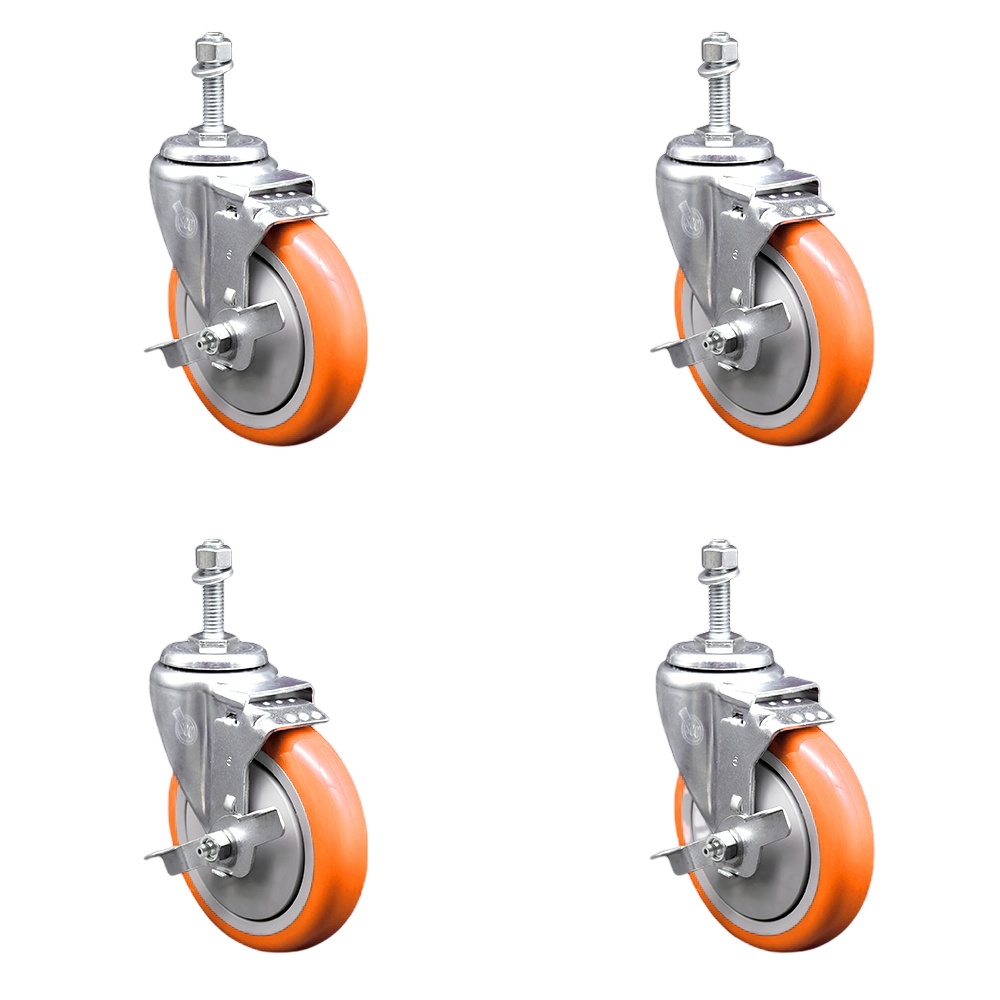 Stainless Steel Polyurethane Swivel Threaded Stem Caster with 5 x 1.25 in. Orange Wheels & 0.38 in. Stems - Set of 4