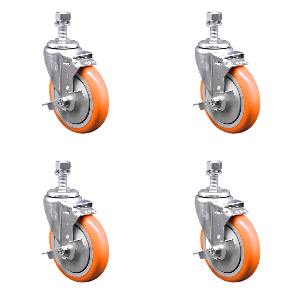 SCC-SSTS20S514-PPUB-ORG-TLB-M1215-4 Stainless Steel Polyurethane Swivel Threaded Stem Caster with 5 x 1.25 in. Orange Wheels & 12 mm Stems - Set of 4
