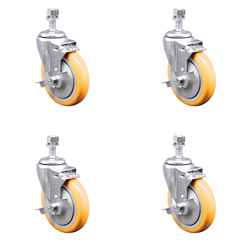 Stainless Steel Polyurethane Swivel Threaded Stem Caster with 5 x 1.25 in. Yellow Wheels & 0.5 in. Stems - Set of 4
