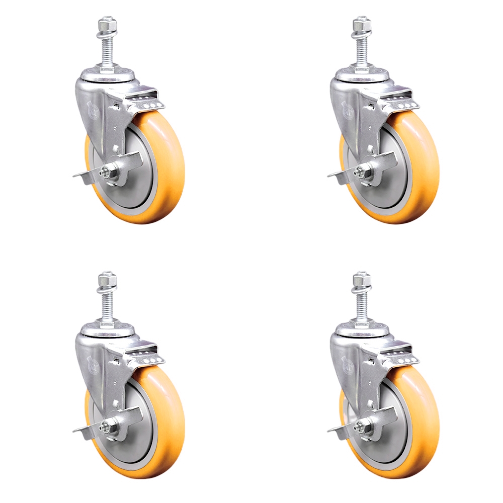 Stainless Steel Polyurethane Swivel Threaded Stem Caster with 5 x 1.25 in. Yellow Wheels & 0.38 in. Stems - Set of 4
