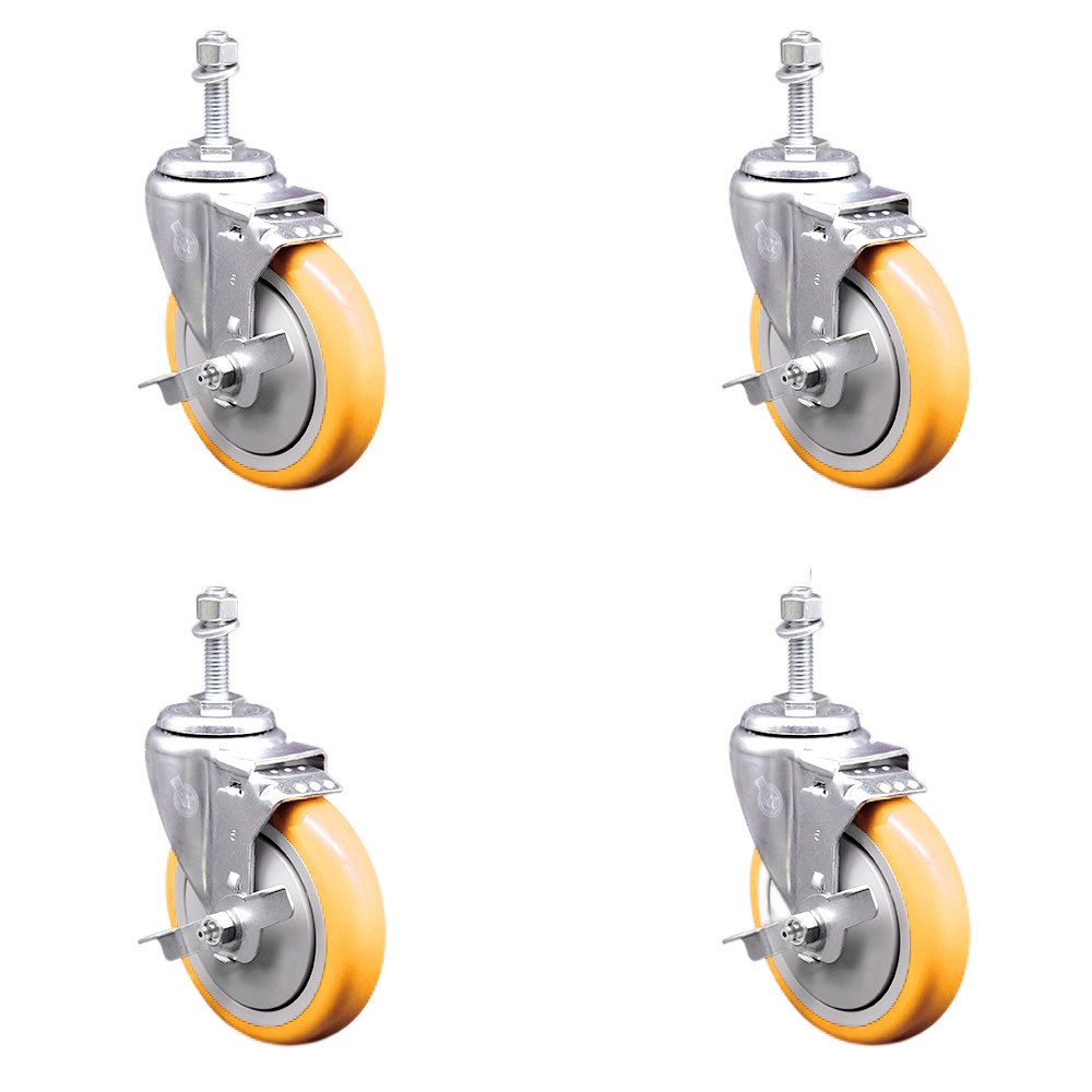 SCC-SSTS20S514-PPUB-YEL-TLB-M1015-4 Stainless Steel Polyurethane Swivel Threaded Stem Caster with 5 x 1.25 in. Yellow Wheels & 10 mm Stems - Set of 4