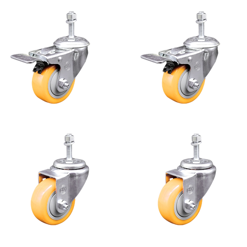 Stainless Steel Polyurethane Swivel Threaded Stem Caster with 3 x 1.25 in. Yellow Wheels & 10 mm Stems - Set of 4