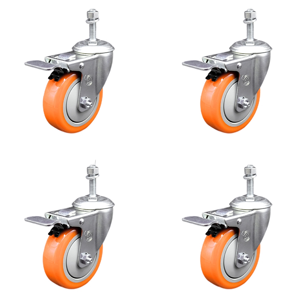Stainless Steel Polyurethane Swivel Threaded Stem Caster with 4 x 1.25 in. Orange Wheels & 0.38 in. Stems - Set of 4