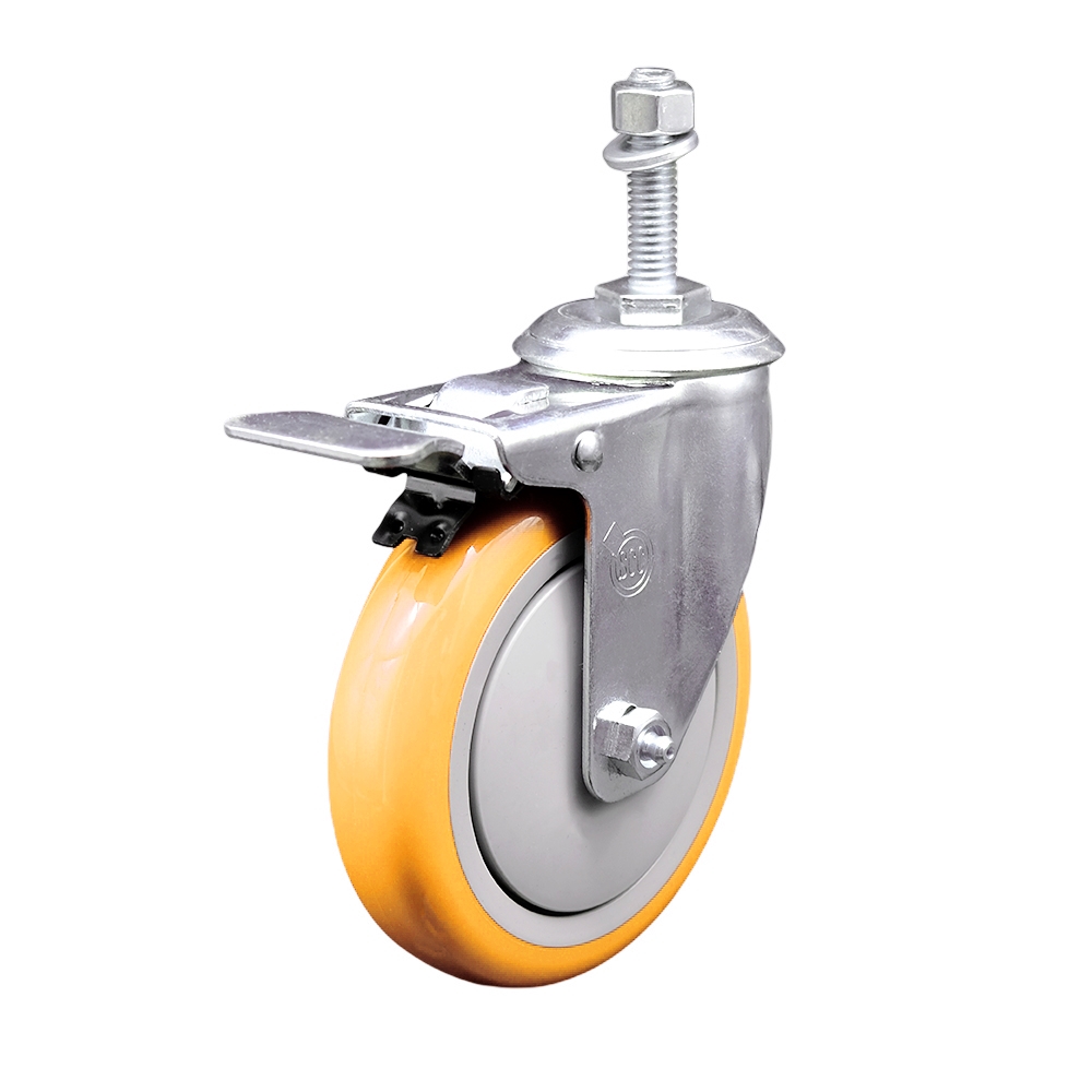 Stainless Steel Polyurethane Swivel Threaded Stem Caster with 5 x 1.25 in. Yellow Wheel & 10 mm Stem & Total Locking Brake