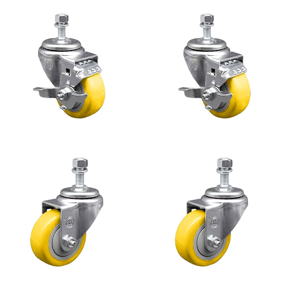 Stainless Steel Polyurethane Swivel Threaded Stem Caster with 3.5 x 1.25 in. Yellow Wheels & 0.5 in. Stems - Set of 4