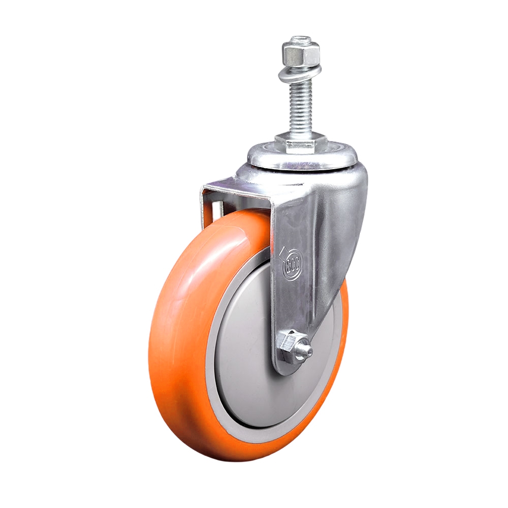 SCC-SSTS20S514-PPUB-ORG-M1015 Stainless Steel Polyurethane Swivel Threaded Stem Caster with 5 x 1.25 in. Orange Wheel & 10 mm Stem