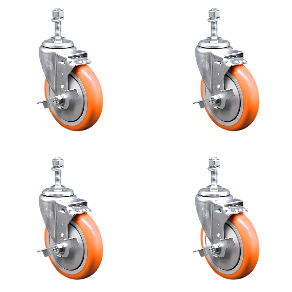SCC-SSTS20S514-PPUB-ORG-TLB-M1015-4 Stainless Steel Polyurethane Swivel Threaded Stem Caster with 5 x 1.25 in. Orange Wheels & 10 mm Stems - Set of 4