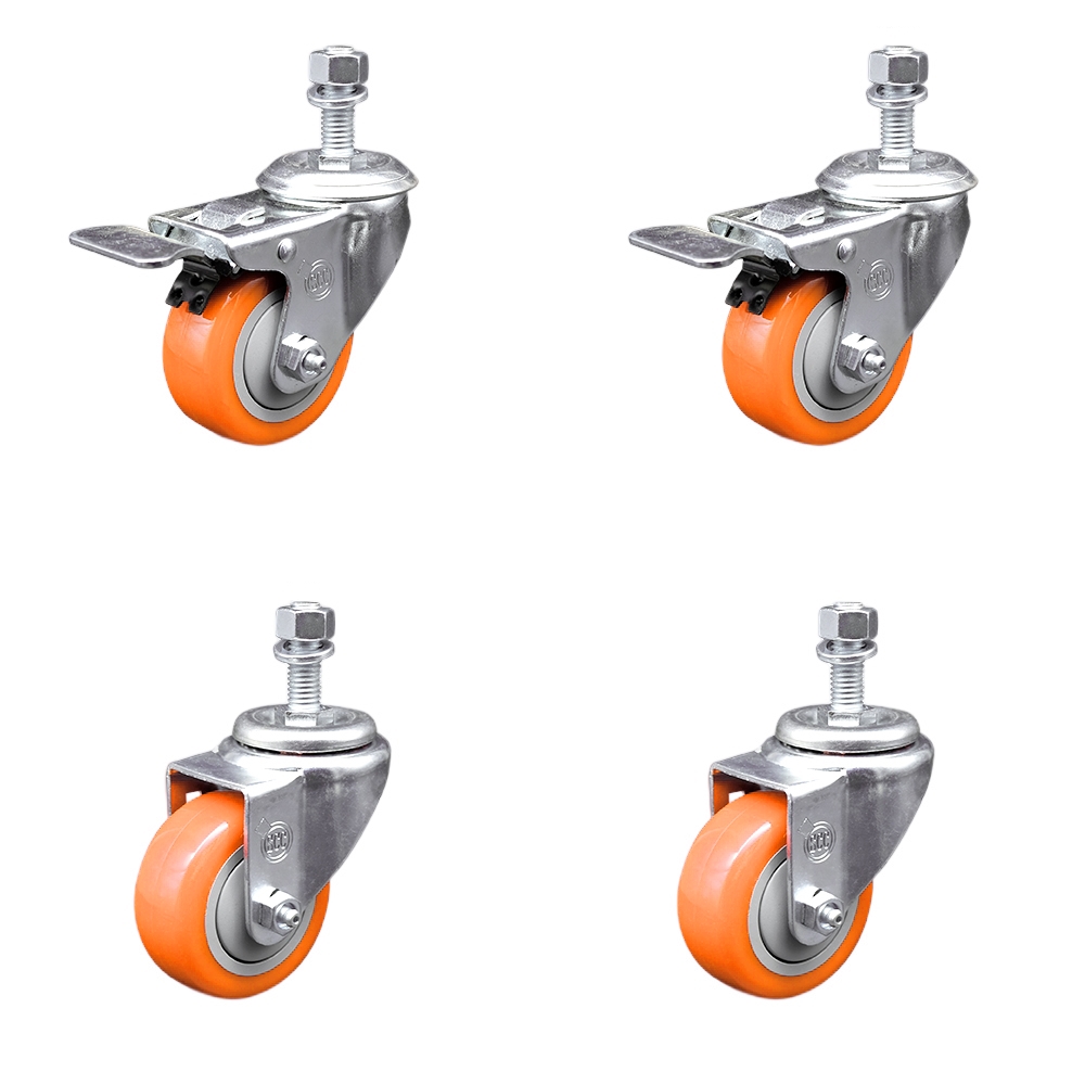 Stainless Steel Polyurethane Swivel Threaded Stem Caster with 3 x 1.25 in. Orange Wheels & 12 mm Stems - Set of 4
