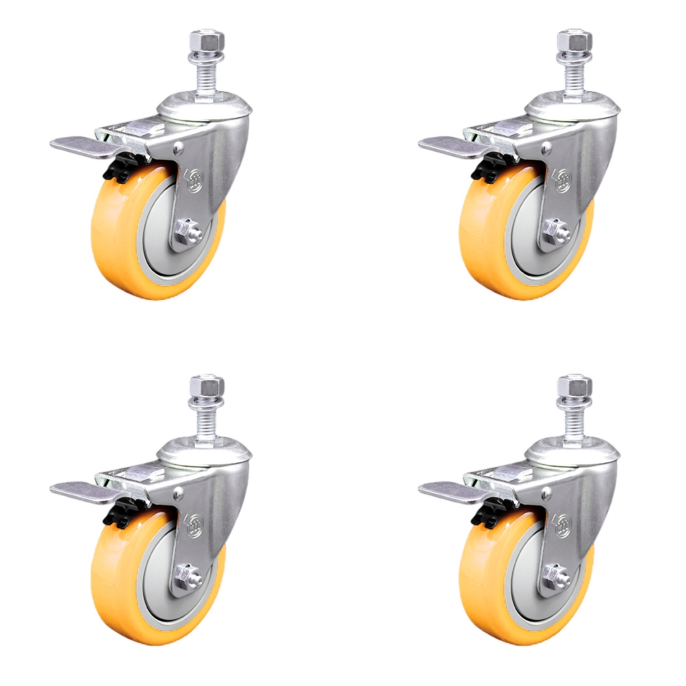 Stainless Steel Polyurethane Swivel Threaded Stem Caster with 4 x 1.25 in. Yellow Wheels & 0.5 in. Stems - Set of 4
