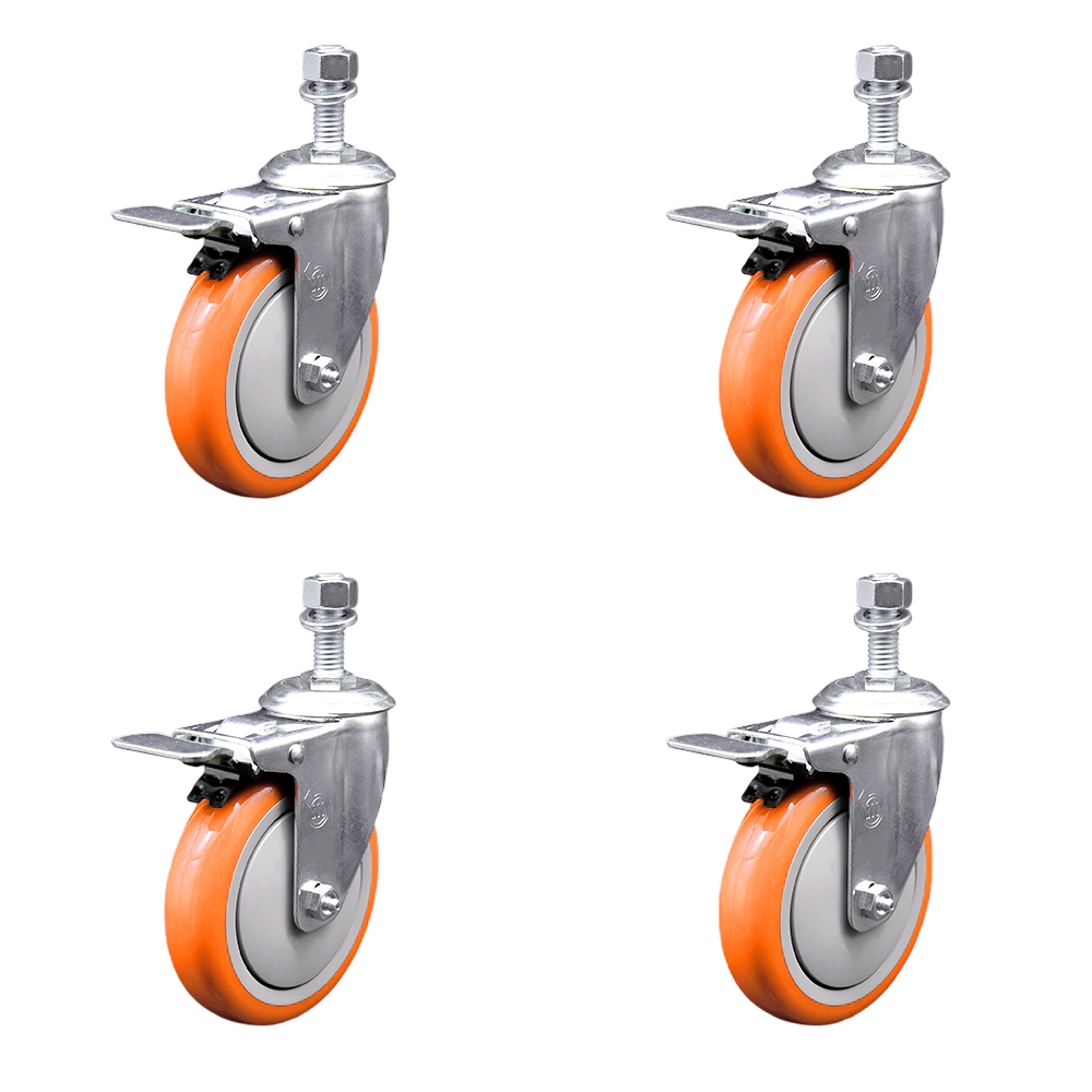 Stainless Steel Polyurethane Swivel Threaded Stem Caster with 5 x 1.25 in. Orange Wheels & 0.5 in. Stems - Set of 4