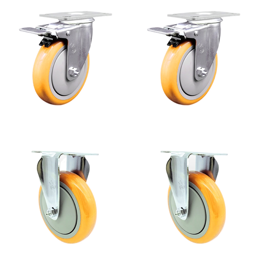 Stainless Steel Polyurethane Top Plate Caster with 5 x 1.25 in. Yellow Wheels, 2 Swivel Casters with Total Locking Brake & 2 Rigid - Set of 4