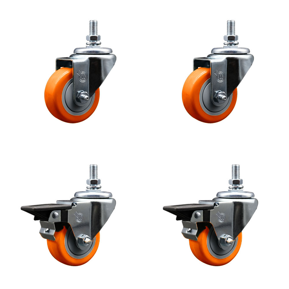 SCC-TS20S314-PPUB-ORG-M1015-2-PLB-2 Polyurethane Swivel Threaded Stem Caster with 3 x 1.25 in. Orange Wheels & 10 mm Stems - Set of 4