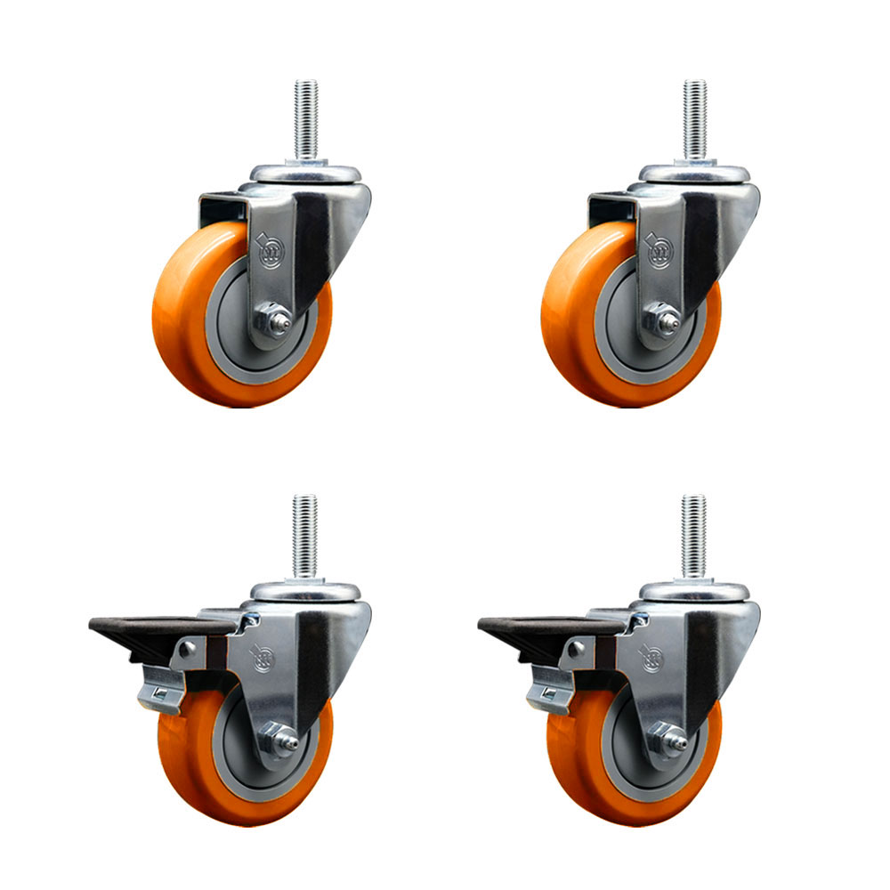 SCC-TS20S3514-PPUB-ORG-34212-2-PLB-2 Polyurethane Swivel Threaded Stem Caster with 3.5 x 1.25 in. Orange Wheels & 0.75 in. Stems - Set of 4