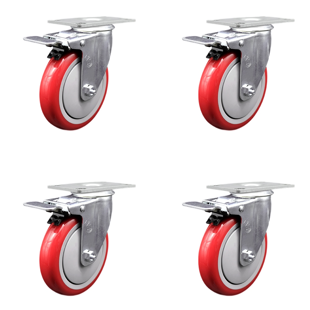 SCC-SSTTL20S514-PPUB-RED-4 Stainless Steel Polyurethane Swivel Top Plate Caster with 5 x 1.25 in. Red Wheels - Set of 4