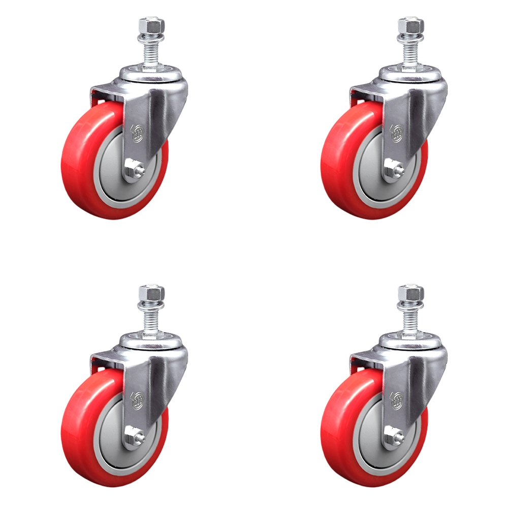 SCC-TS20S414-PPUB-RED-121315-4 Polyurethane Swivel Threaded Stem Caster with 4 x 1.25 in. Red Wheels & 0.5 in. Stems - Set of 4