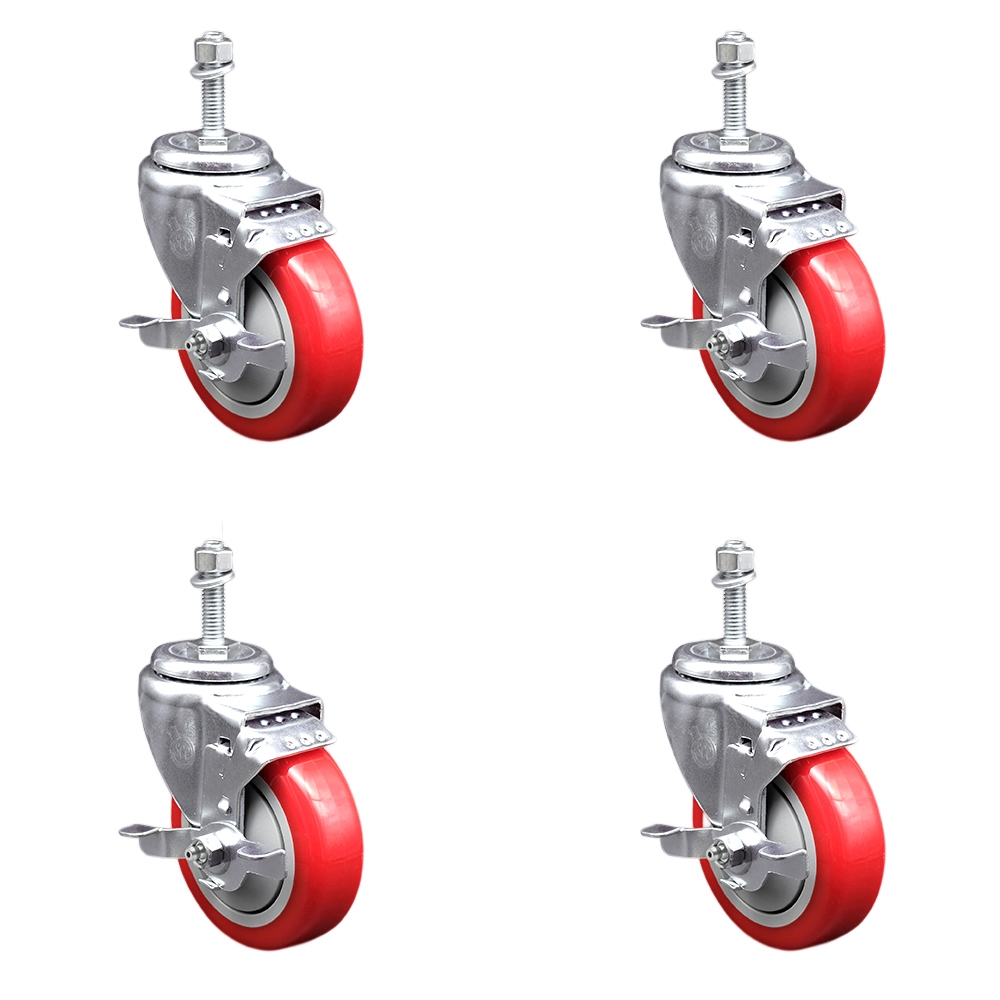 Stainless Steel Polyurethane Swivel Threaded Stem Caster with 4 x 1.25 in. Red Wheels & 0.38 in. Stems - Set of 4