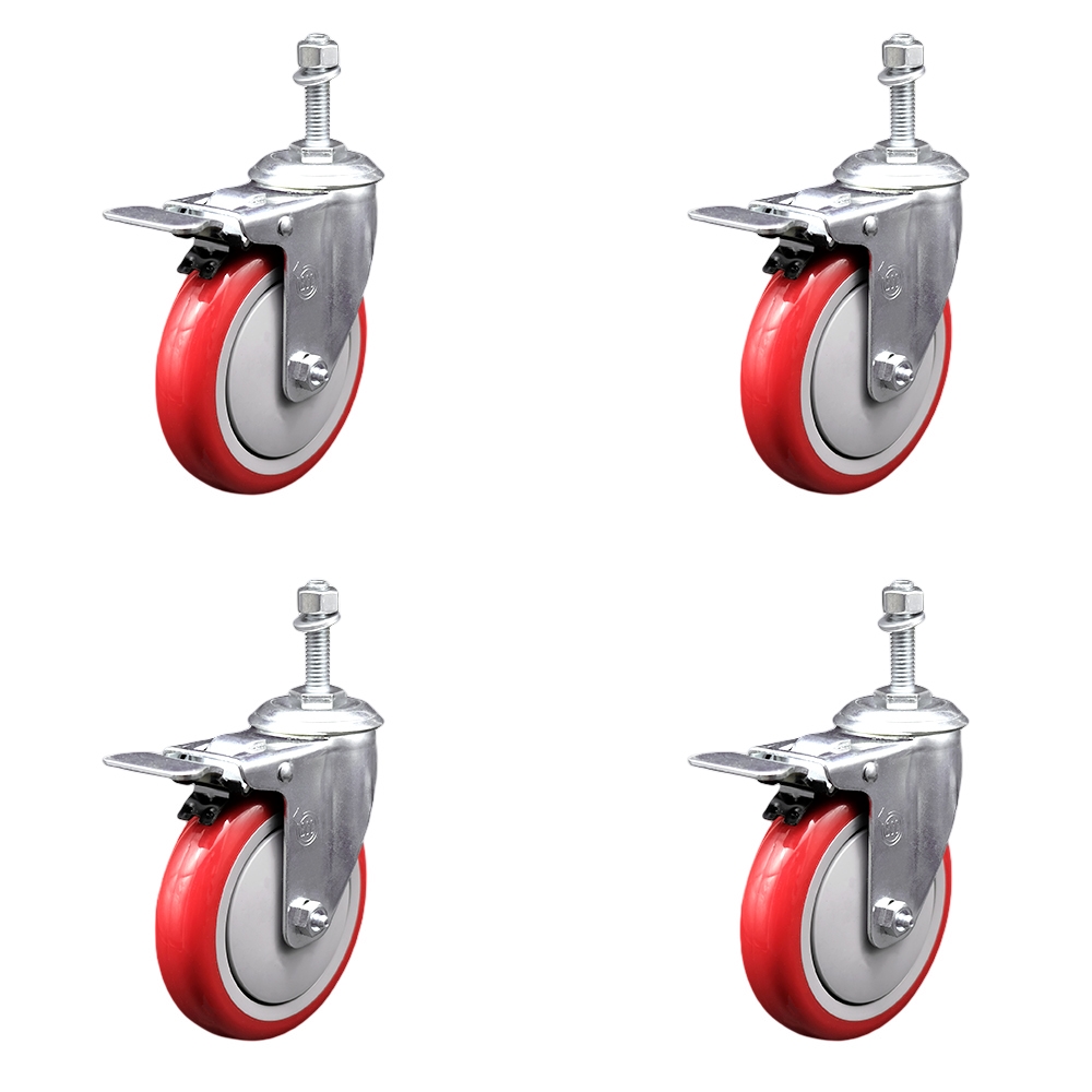 SCC-SSTSTTL20S514-PPUB-RED-M1015-4 Stainless Steel Polyurethane Swivel Threaded Stem Caster with 5 x 1.25 in. Red Wheels & 10 mm Stems - Set of 4