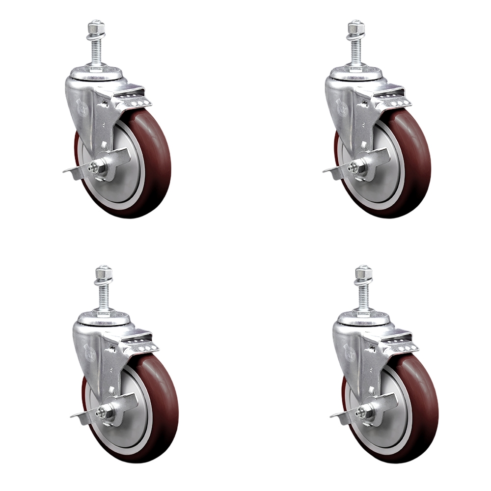 SCC-TS20S514-PPUB-MRN-TLB-381615-4 Polyurethane Swivel Threaded Stem Caster with 5 x 1.25 in. Maroon Wheels & 0.38 in. Stems - Set of 4