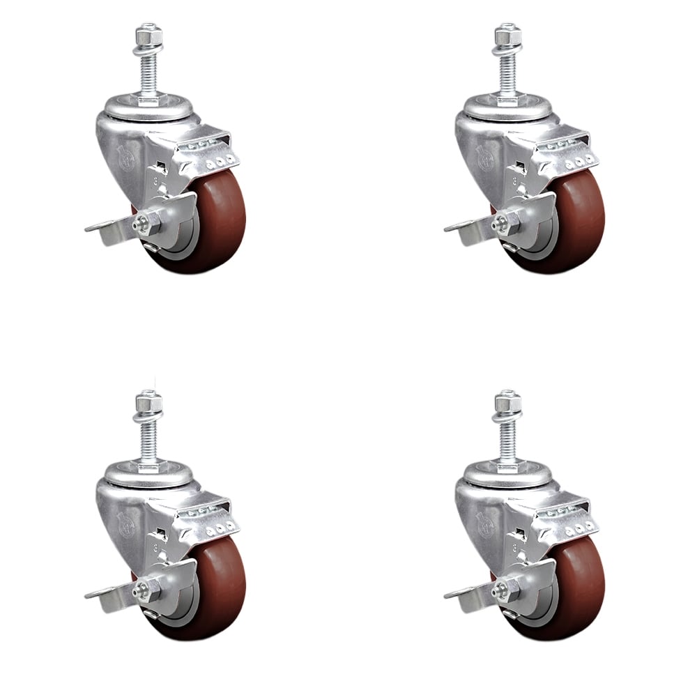 Stainless Steel Polyurethane Swivel Threaded Stem Caster with 3 x 1.25 in. Maroon Wheels & 0.38 in. Stems - Set of 4