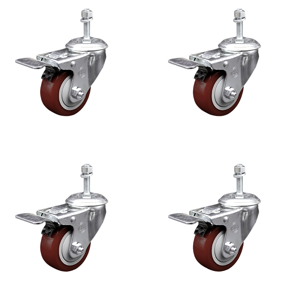 SCC-TSTTL20S3514-PPUB-MRN-M1015-4 Polyurethane Swivel Threaded Stem Caster with 3.5 x 1.25 in. Maroon Wheels & 10 mm Stems - Set of 4