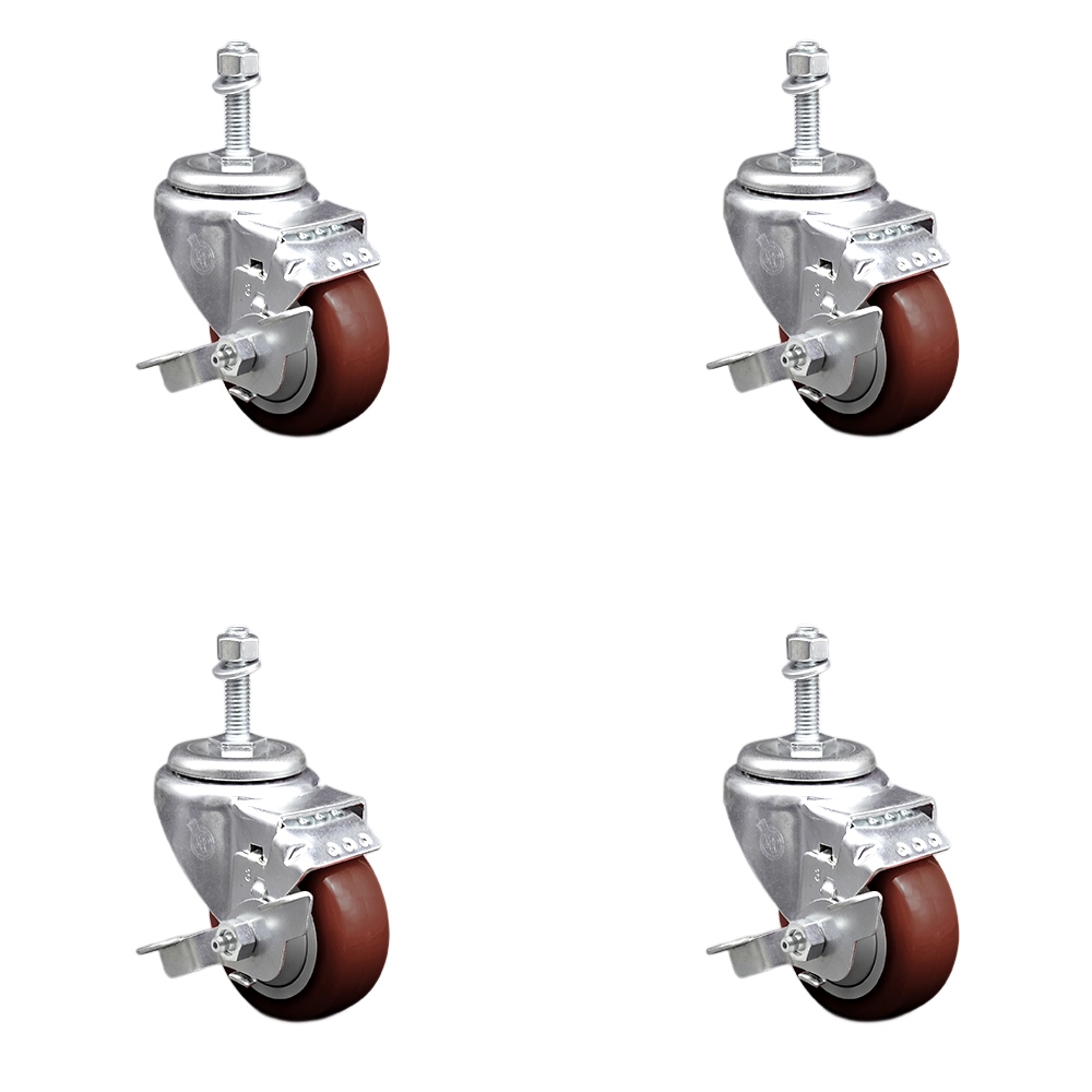 SCC-SSTS20S314-PPUB-MRN-TLB-M1015-4 Stainless Steel Polyurethane Swivel Threaded Stem Caster with 3 x 1.25 in. Maroon Wheels & 10 mm Stems - Set of 4
